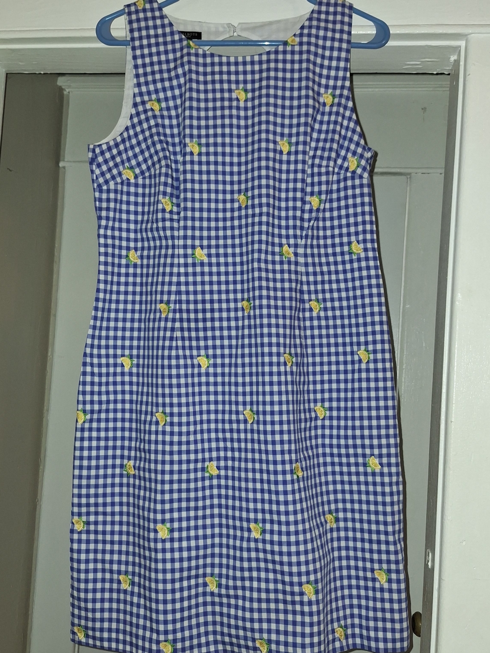 Talbots Blue Gingham Midi Dress with Lemon Embroidery